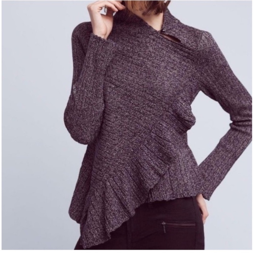 Anthropologie Knitted & Knotted Knit Asymmetrical Ruffle Gray Sweater S